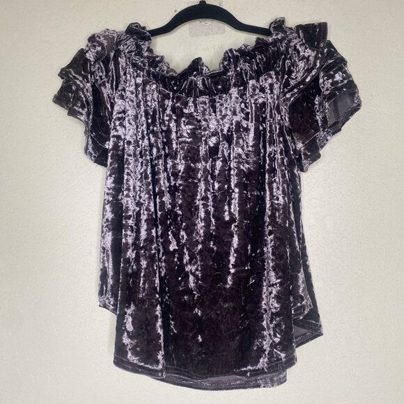 Umgee Top Womens S Purple Crushed Velvet Off-Shoulder Riffle‎ Sleeves Popover - Picture 4 of 10